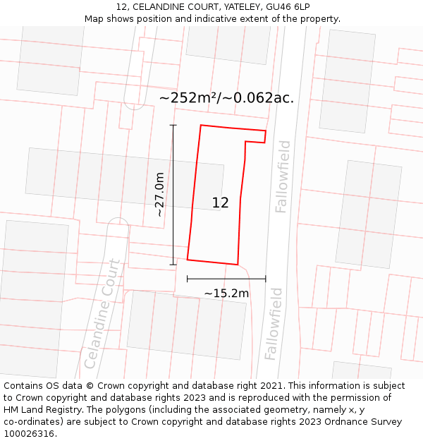 12, CELANDINE COURT, YATELEY, GU46 6LP: Plot and title map