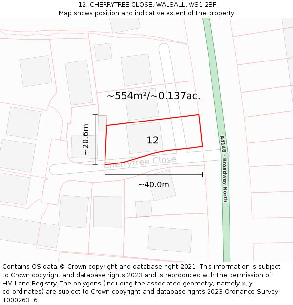 12, CHERRYTREE CLOSE, WALSALL, WS1 2BF: Plot and title map