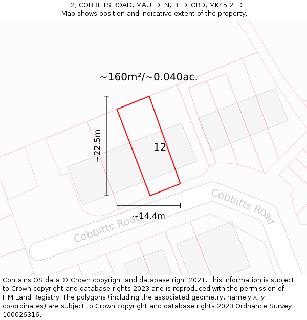 12, COBBITTS ROAD, MAULDEN, BEDFORD, MK45 2ED: Plot and title map