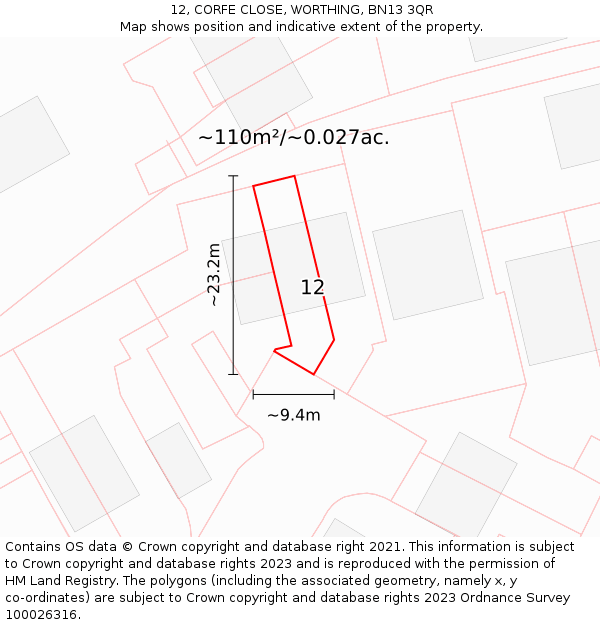 12, CORFE CLOSE, WORTHING, BN13 3QR: Plot and title map