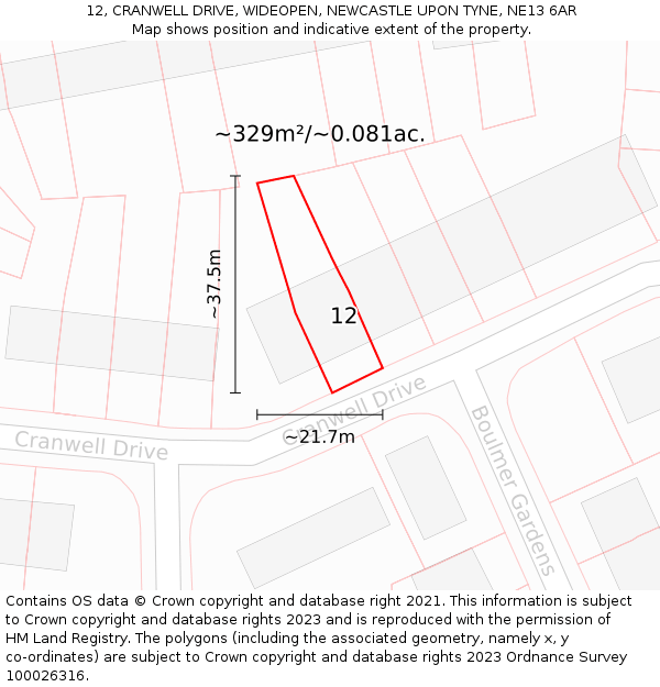 12, CRANWELL DRIVE, WIDEOPEN, NEWCASTLE UPON TYNE, NE13 6AR: Plot and title map