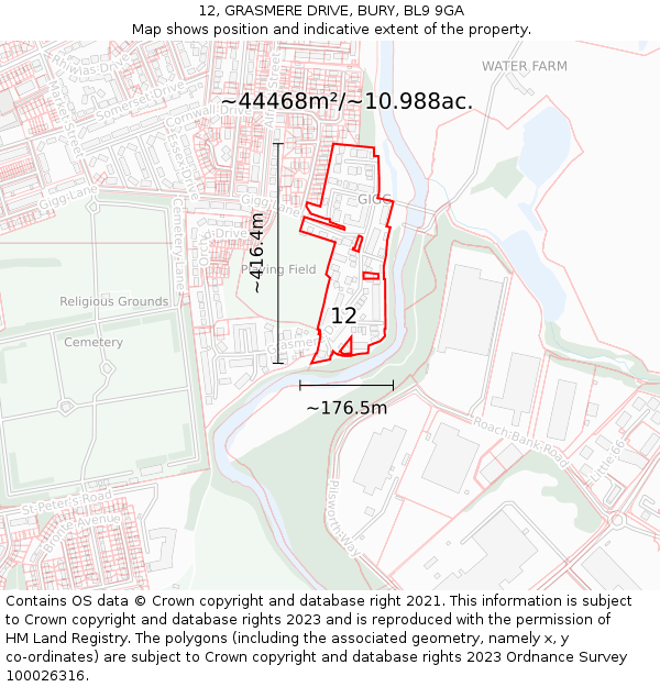 12, GRASMERE DRIVE, BURY, BL9 9GA: Plot and title map