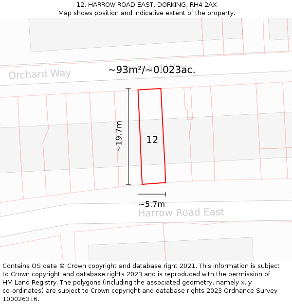 12, HARROW ROAD EAST, DORKING, RH4 2AX: Plot and title map