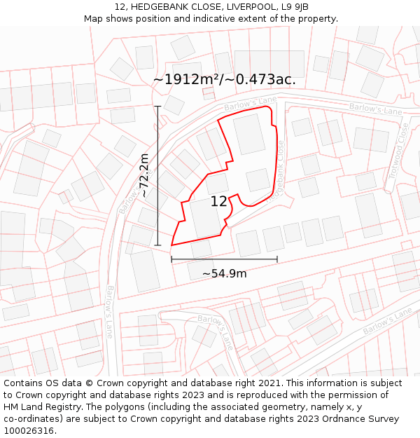 12, HEDGEBANK CLOSE, LIVERPOOL, L9 9JB: Plot and title map