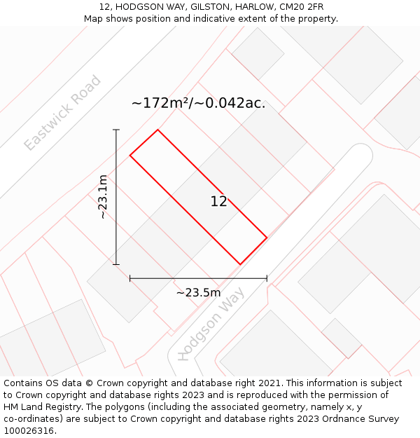 12, HODGSON WAY, GILSTON, HARLOW, CM20 2FR: Plot and title map