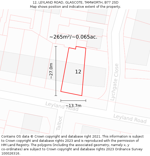 12, LEYLAND ROAD, GLASCOTE, TAMWORTH, B77 2SD: Plot and title map