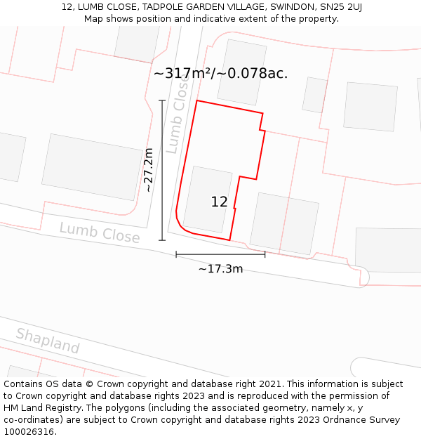 12, LUMB CLOSE, TADPOLE GARDEN VILLAGE, SWINDON, SN25 2UJ: Plot and title map