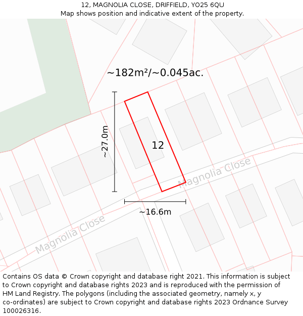 12, MAGNOLIA CLOSE, DRIFFIELD, YO25 6QU: Plot and title map