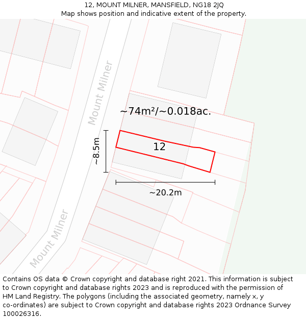12, MOUNT MILNER, MANSFIELD, NG18 2JQ: Plot and title map