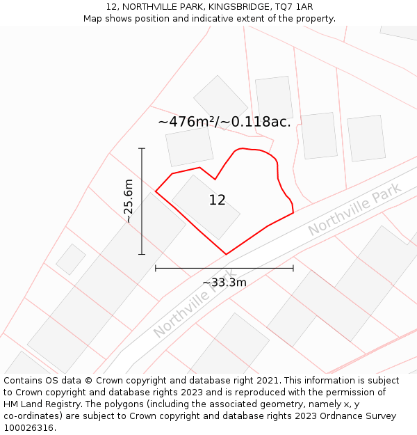 12, NORTHVILLE PARK, KINGSBRIDGE, TQ7 1AR: Plot and title map