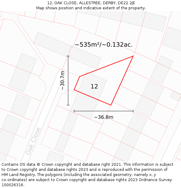 12, OAK CLOSE, ALLESTREE, DERBY, DE22 2JE: Plot and title map