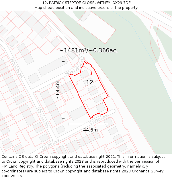 12, PATRICK STEPTOE CLOSE, WITNEY, OX29 7DE: Plot and title map