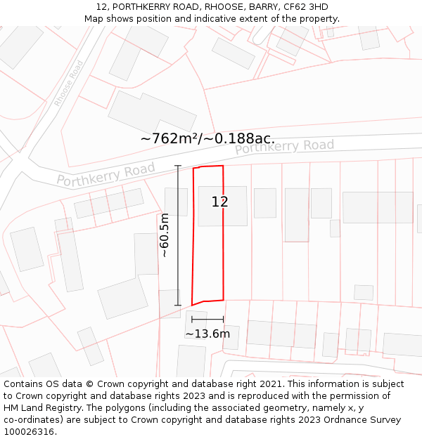 12, PORTHKERRY ROAD, RHOOSE, BARRY, CF62 3HD: Plot and title map