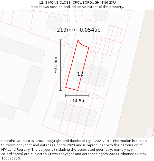 12, SIMONS CLOSE, CROWBOROUGH, TN6 2XU: Plot and title map