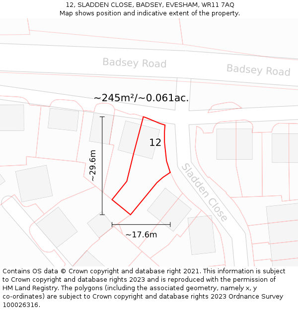 12, SLADDEN CLOSE, BADSEY, EVESHAM, WR11 7AQ: Plot and title map