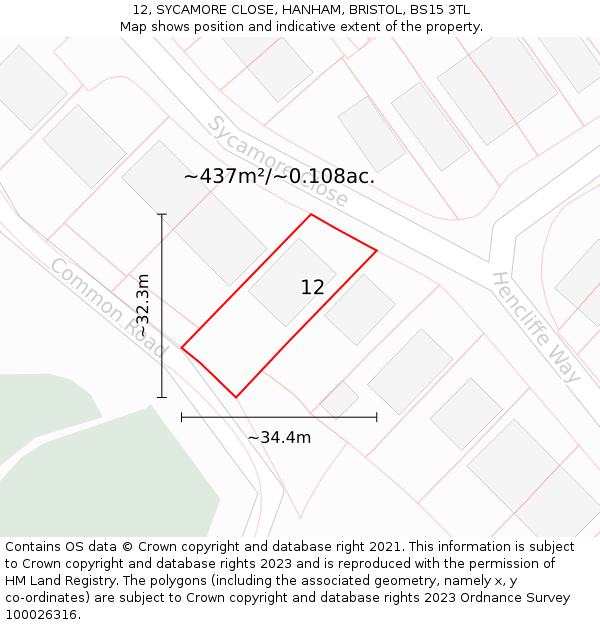 12, SYCAMORE CLOSE, HANHAM, BRISTOL, BS15 3TL: Plot and title map