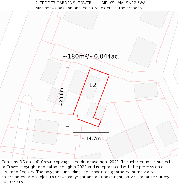 12, TEDDER GARDENS, BOWERHILL, MELKSHAM, SN12 6WA: Plot and title map