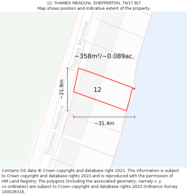 12, THAMES MEADOW, SHEPPERTON, TW17 8LT: Plot and title map