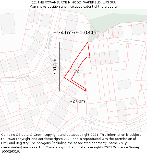 12, THE ROWANS, ROBIN HOOD, WAKEFIELD, WF3 3FA: Plot and title map