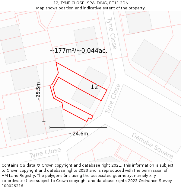 12, TYNE CLOSE, SPALDING, PE11 3DN: Plot and title map