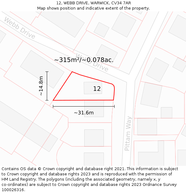12, WEBB DRIVE, WARWICK, CV34 7AR: Plot and title map