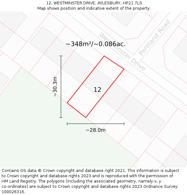 12, WESTMINSTER DRIVE, AYLESBURY, HP21 7LS: Plot and title map