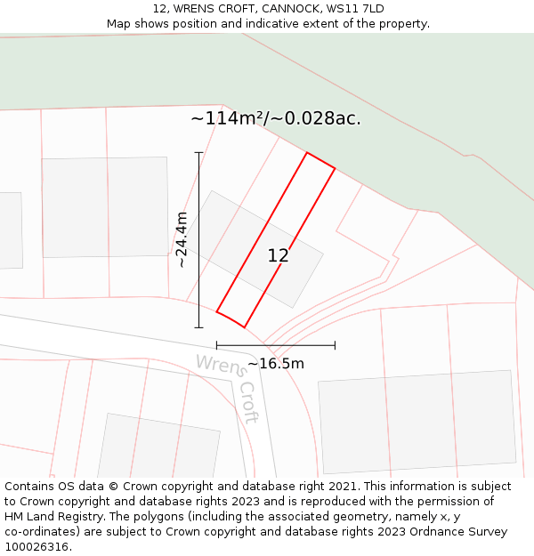 12, WRENS CROFT, CANNOCK, WS11 7LD: Plot and title map