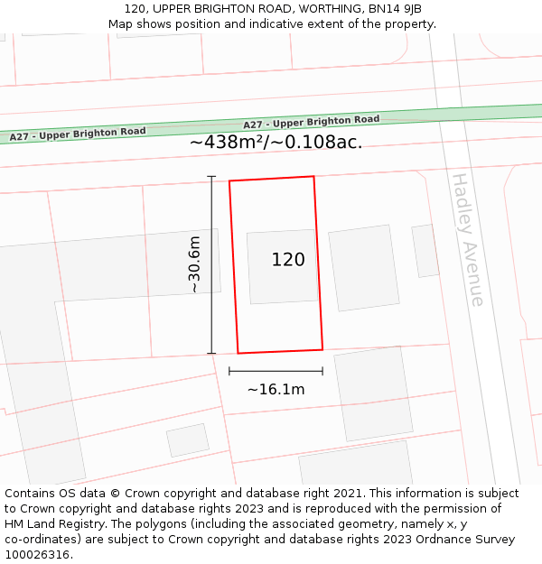 120, UPPER BRIGHTON ROAD, WORTHING, BN14 9JB: Plot and title map