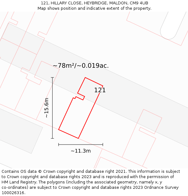 121, HILLARY CLOSE, HEYBRIDGE, MALDON, CM9 4UB: Plot and title map