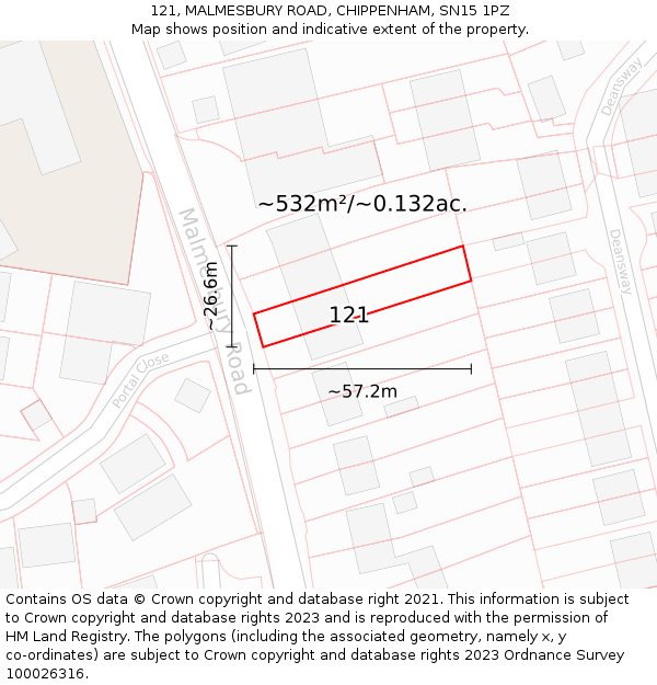 121, MALMESBURY ROAD, CHIPPENHAM, SN15 1PZ: Plot and title map