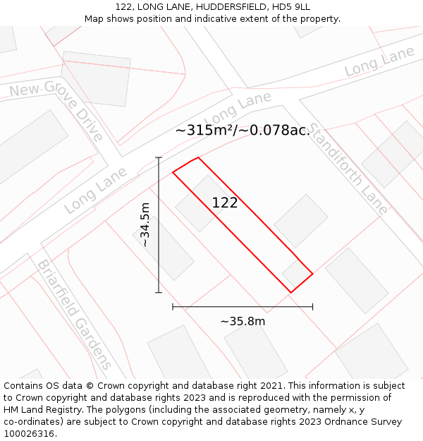 122, LONG LANE, HUDDERSFIELD, HD5 9LL: Plot and title map