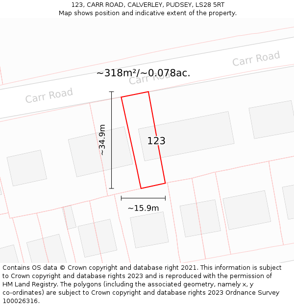 123, CARR ROAD, CALVERLEY, PUDSEY, LS28 5RT: Plot and title map