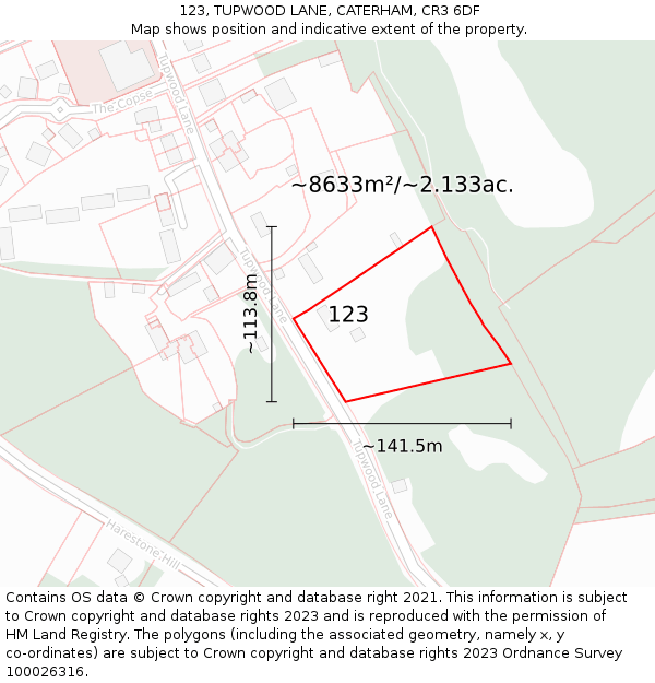 123, TUPWOOD LANE, CATERHAM, CR3 6DF: Plot and title map
