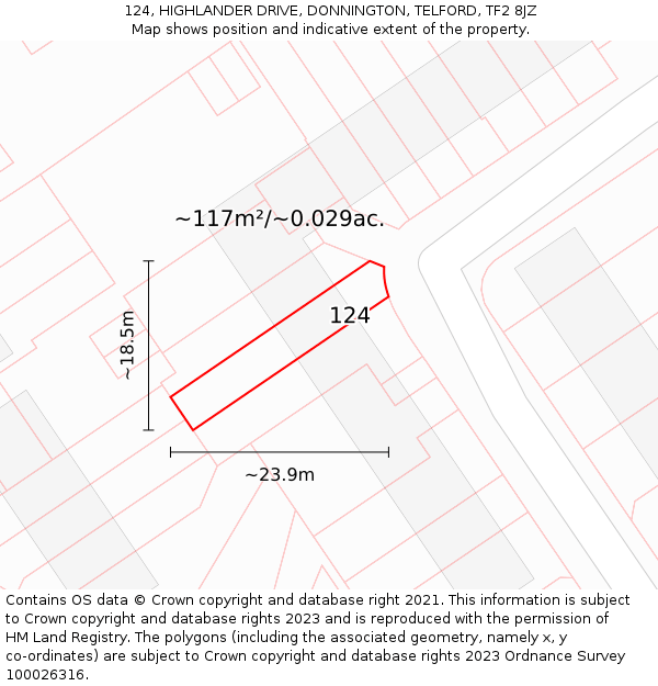 124, HIGHLANDER DRIVE, DONNINGTON, TELFORD, TF2 8JZ: Plot and title map