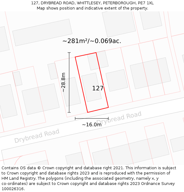 127, DRYBREAD ROAD, WHITTLESEY, PETERBOROUGH, PE7 1XL: Plot and title map