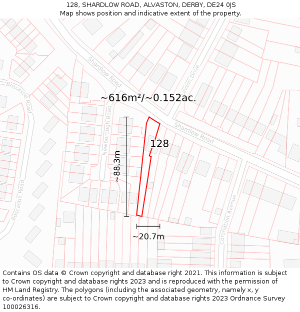 128, SHARDLOW ROAD, ALVASTON, DERBY, DE24 0JS: Plot and title map