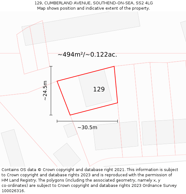 129, CUMBERLAND AVENUE, SOUTHEND-ON-SEA, SS2 4LG: Plot and title map
