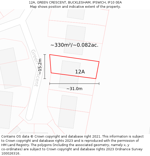 12A, GREEN CRESCENT, BUCKLESHAM, IPSWICH, IP10 0EA: Plot and title map