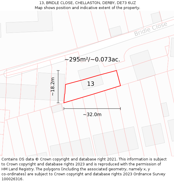 13, BRIDLE CLOSE, CHELLASTON, DERBY, DE73 6UZ: Plot and title map