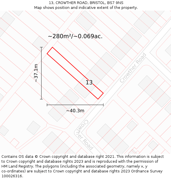 13, CROWTHER ROAD, BRISTOL, BS7 9NS: Plot and title map