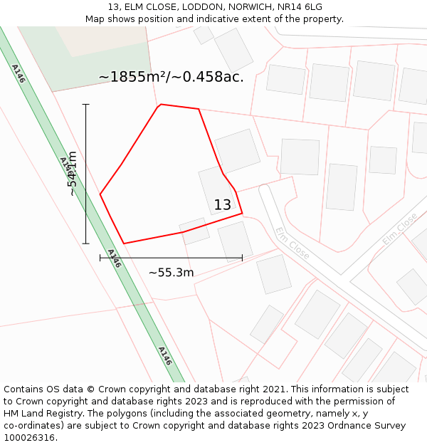 13, ELM CLOSE, LODDON, NORWICH, NR14 6LG: Plot and title map