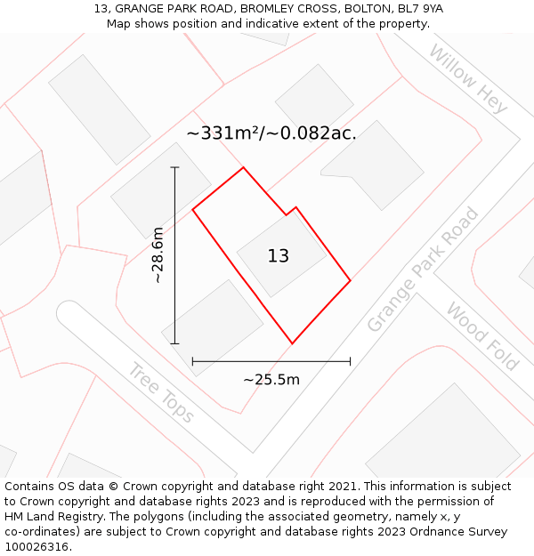 13, GRANGE PARK ROAD, BROMLEY CROSS, BOLTON, BL7 9YA: Plot and title map