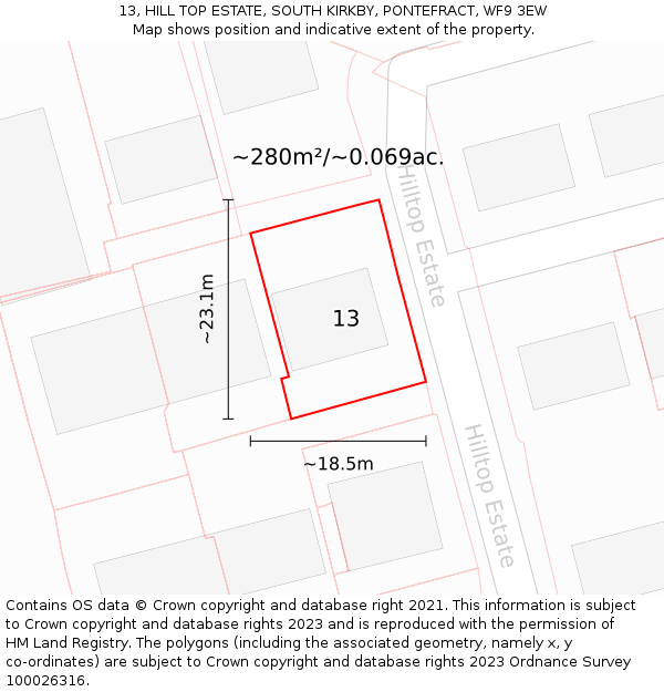 13, HILL TOP ESTATE, SOUTH KIRKBY, PONTEFRACT, WF9 3EW: Plot and title map