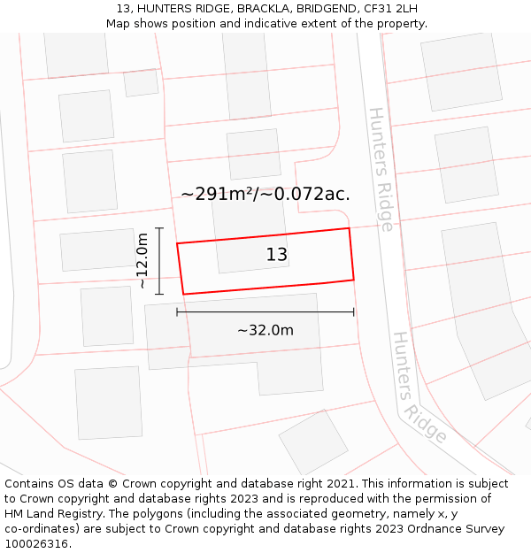 13, HUNTERS RIDGE, BRACKLA, BRIDGEND, CF31 2LH: Plot and title map