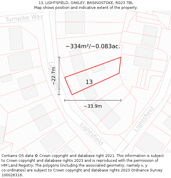 13, LIGHTSFIELD, OAKLEY, BASINGSTOKE, RG23 7BL: Plot and title map