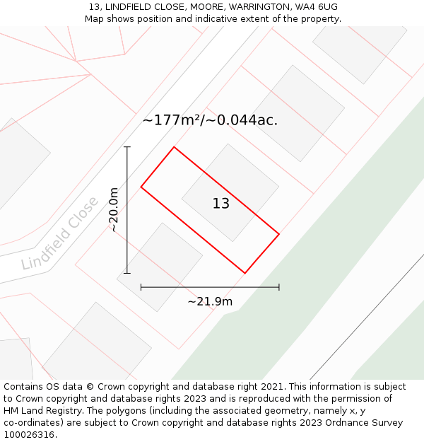 13, LINDFIELD CLOSE, MOORE, WARRINGTON, WA4 6UG: Plot and title map