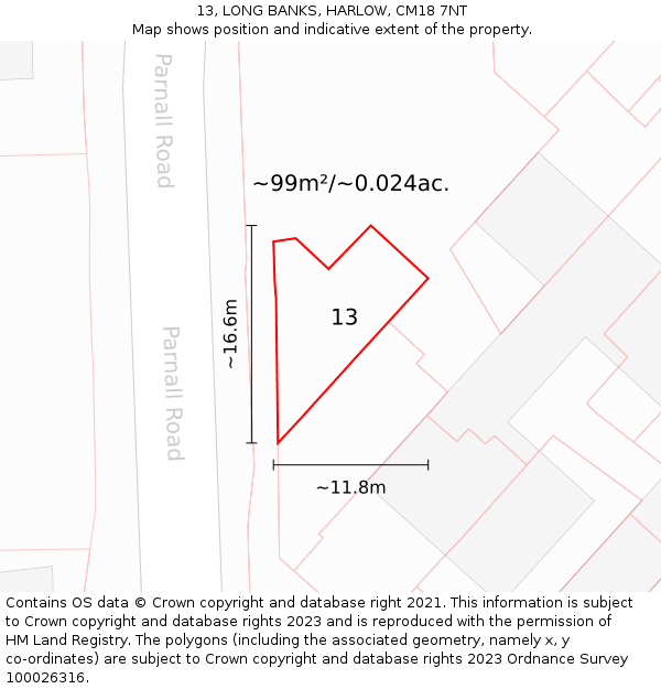 13, LONG BANKS, HARLOW, CM18 7NT: Plot and title map
