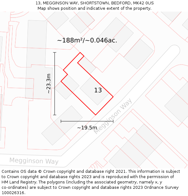 13, MEGGINSON WAY, SHORTSTOWN, BEDFORD, MK42 0US: Plot and title map