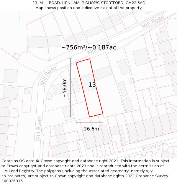 13, MILL ROAD, HENHAM, BISHOP'S STORTFORD, CM22 6AD: Plot and title map