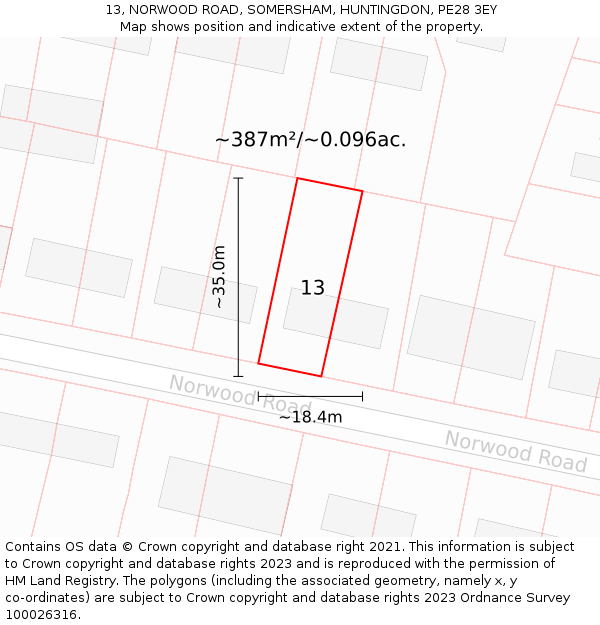 13, NORWOOD ROAD, SOMERSHAM, HUNTINGDON, PE28 3EY: Plot and title map